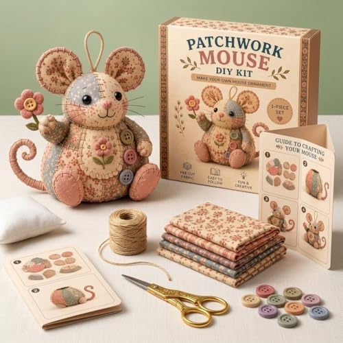 OZSZN Patchwork Mouse DIY Kit – Handmade Sewing Craft Set with Buttons & Fabric, Cute Mouse Ornament for Adults Beginners, Creative Animal Craft Project (Q) by Unknown