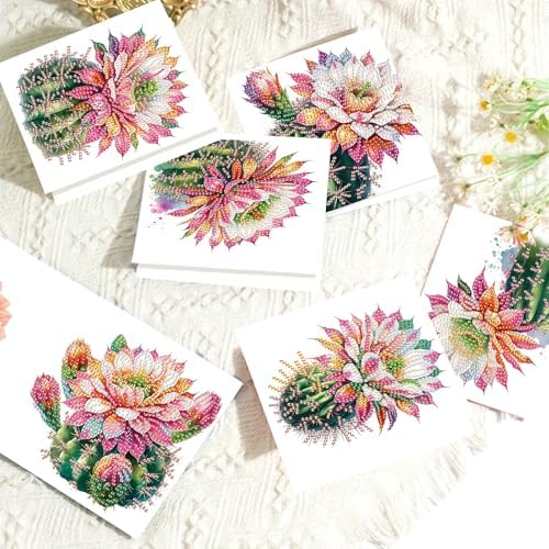Tontut 6pcs Diamond Art Painting Kit Greeting Card, Cactus Flower 5D DIY Diamond Handmade Holiday Glitter Greeting Card with Envelope, Holiday Gift Congratulation - Image 5
