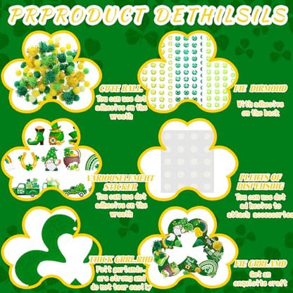 472 Pcs St Patrick's Day Kit Felt Shamrock Crafts Wreath Craft Activity DIY Green Clover Hanging Wreath Home Ornament with Gnome Rainbow Beer Hats Gold Coins Stickers for Irish Party Activity - Image 5