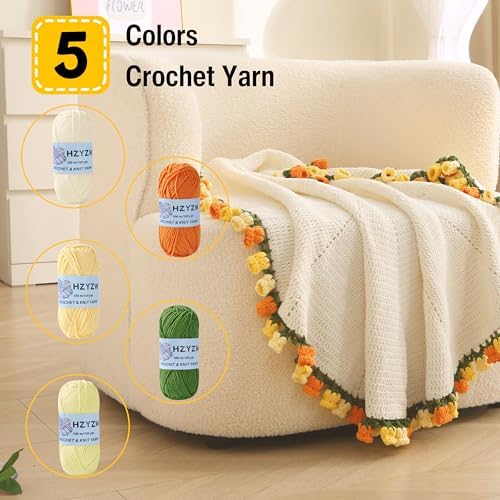 HZYZW Crochet Flower Blanket Kit for Beginners, 40'' Lily of The Valley Bouquet, Blanket Shawl Throw Kits for Adults, How to Knitting with Yarn, Home Decor Gifts for Crocheters (White-Yellow Lily) - Image 3