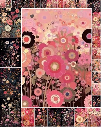 Decoupage Paper Pack (35 Sheets 6"x8") Sweet Illustrations of Pink nd Black Flower Fields FLONZ Vintage Illustration Pictures Cards for Decoupage, Craft and Scrapbooking by FLONZCRAFT