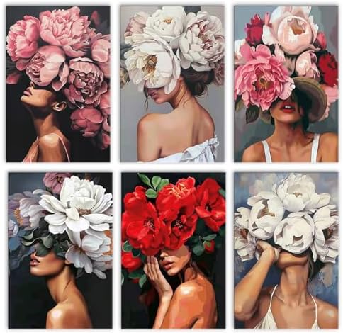 6 Pack Fashion Woman Paint by Numbers Kit for Adults Beginners 8x12 Inch, Abstract Flower Girl Paint by Number Kits on Canvas Without Frame, DIY Acrylic Painting by Numbers for Home Wall Decor Gift by Tucocoo