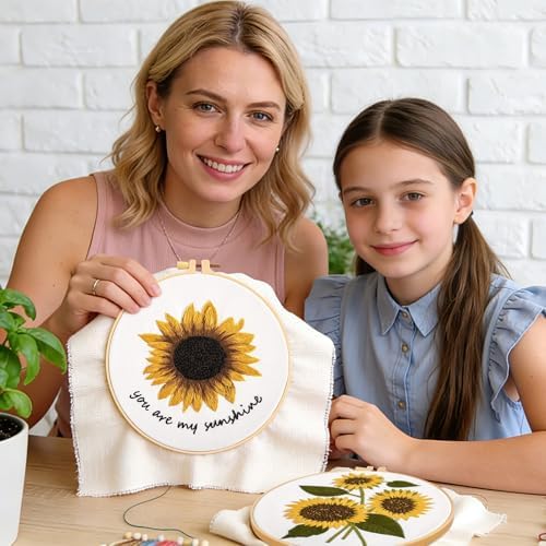 Sunflower Embroidery Kits for Beginners Adults, Floral Hand Embroidery Set Needlepoint Kits, Stamped Cross Stitch Kits for Beginners Adults, 2 Embroidery Hoops, Fabric, Thread(Attached Video Tutorial) - Image 5
