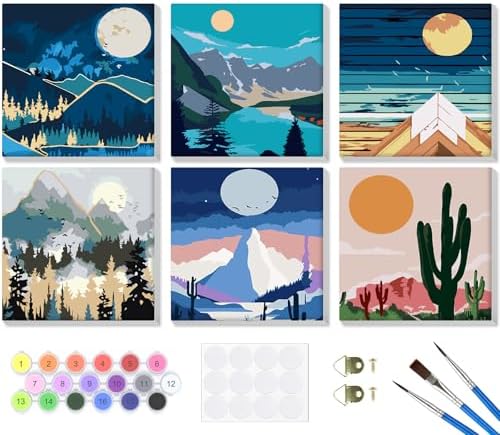 Bowetile 6 Pack Paint by Numbers for Adults Beginners Framed, Landscape Adults' Paint-by-Number Kits, Easy Adult Paint by Number Kits on Canvas, Acrylic Number Painting for Home Decor, 8x8in by BOWETILE