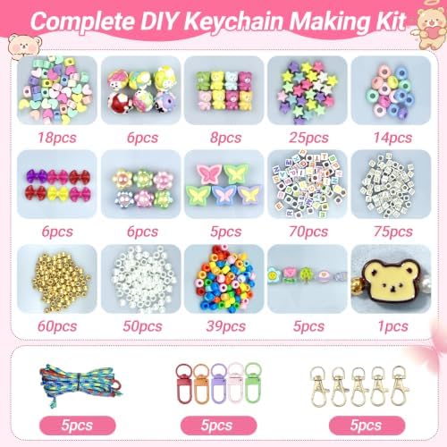 NCIWAN Y2K Beaded Keychain Making Kit for Girls, Kawaii Acrylic Bag Charm & Phone Lanyard Supplies, DIY Craft Jewelry Making Kit with Letter, Bear, Bow, Butterfly Beads for Kids Teens Women - Image 2