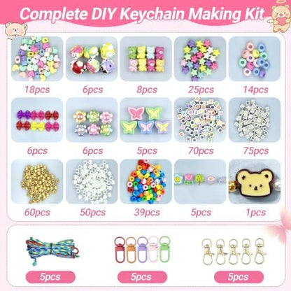 NCIWAN Y2K Beaded Keychain Making Kit for Girls, Kawaii Acrylic Bag Charm & Phone Lanyard Supplies, DIY Craft Jewelry Making Kit with Letter, Bear, Bow, Butterfly Beads for Kids Teens Women - Image 2