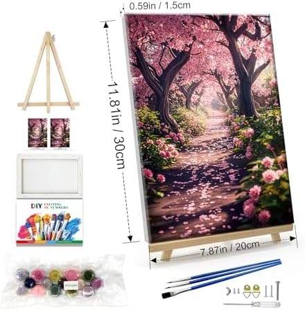 JOOZ Paint by Numbers Kit for Adults Landscape Paint by Number with Frame DIY Cherry Blossom Paint by Number with Easel Flowers Paint by Numbers Kit on Canvas for Gift Home Wall Decor 7.87x11.81 Inch - Image 5