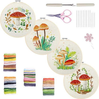 Bonroy 4 Sets Embroidery Kit for Beginners with Instructions,Cross Stitch Kits for Adults with Pattern,Needlepoint Kits for Adult Include Embroidery Cloth Hoops Needles Threads(Mushroom) by Bonroy