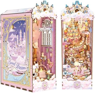 Tonecheer DIY Book Nook Kit for Adults, Booknook Wooden 3D Puzzle Bookend Miniature House Kit, Fantasy Pink Bookshelf Decor with Dust Cover and LED Light for Birthday Gifts (Sweet Dream) by Tonecheer