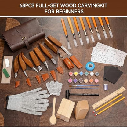 68-Piece Wood Carving Kit for Adults and Beginners, 16 Whittling Knives & Chisels, 8 Basswood Blocks, Leather Tool Roll, Safety Gloves, Paints and Templates, Carving Gift Set for Men - Image 2