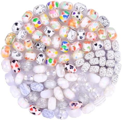 Aipridy Large Hole European Beads, Craft Supplies Kit，Assorted Mixed Color Lampwork Spacer Beads for DIY Bracelet Jewelry Making (100, White) by AIPRIDY