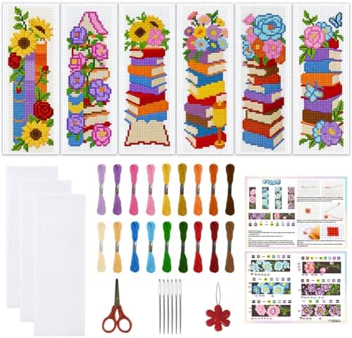 ORIGACH 6 Set Stacked Books & Flower Cross Stitch Bookmark Kit for Beginner by ORIGACH