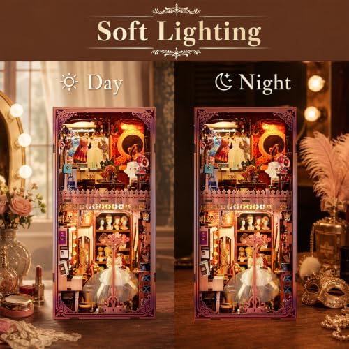 fifijoy DIY Book Nook Kit - DIY Miniature Dollhouse for Adults, 3D Wooden Puzzle Bookend Bookshelf Insert with Yellow Light, Unique Gift for Family and Friends (Theatre Dressing Room) - Image 6