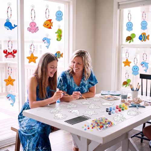 Dunzoom 30 Set Under the Sea Suncatcher DIY Craft Kit Acrylic Ocean Animals Window Art Paint Activity for Birthday Party Favors Summer Camp Classroom Activity 10 Designs Colorful Beads Paint - Image 5