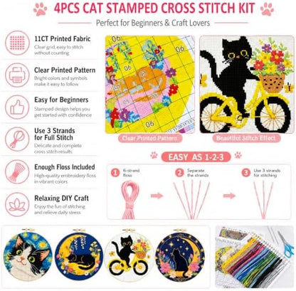 Zhenqing 4 Pack Cat Stamped Cross Stitch Kit for Beginners - Image 5