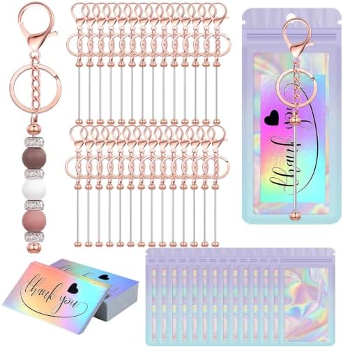 42/84/126 Pcs Beadable Keychain Bars Bulk Blank DIY Beaded Keychain Making Supplies with Bag Thank You Card by Unknown
