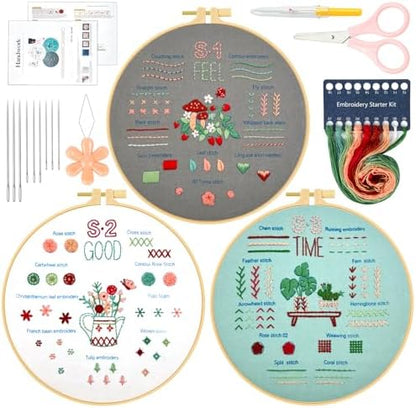 Ponpon 3 Sets Embroidery Kit for Beginners, Embroidery Kit for Adults with Follow Instruction, Cross Stitch Kits with Wooden Embroidery Hoops (Stlye C) by Ponpon