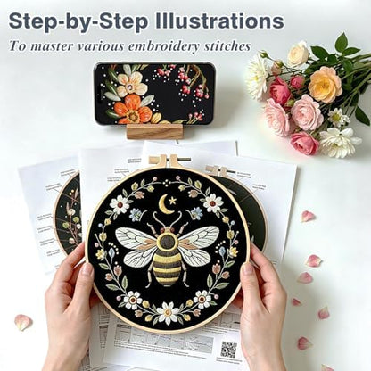 3Pack Embroidery Kits for Beginner Adult, Flower Moon Bee Pattern Hand Kit - Image 3
