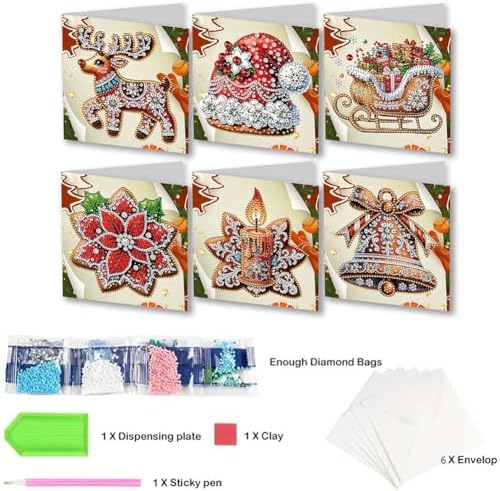 jinglinhh 6pcs Diamond Art Painting Christmas Deer Sled Poinsettia Bell Greeting Cards with Envelopes, DIY Card Making Kits for Adults, Diamond Art Postcards Holiday Cards Craft Gifts - Image 3