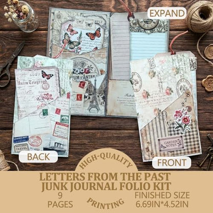 Letters from the Past junk journal folio kit, Creative Folio Booklet & Mini Folder Kit, Vintage Junk Journal Decor Supplies, DIY Scrapbook Handcraft Set for Handmade Projects with Instruction Video - Image 2