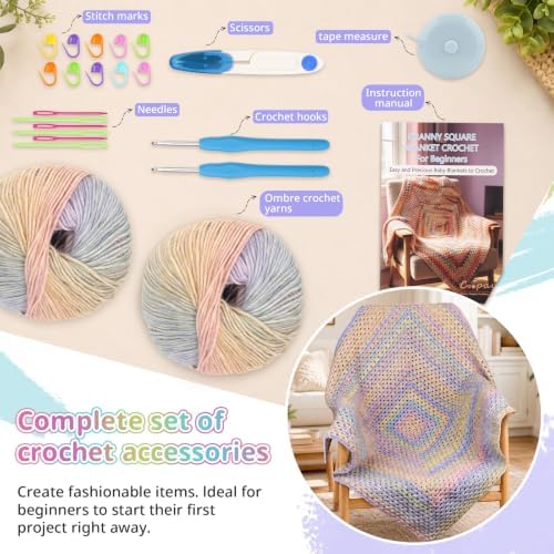 Coopay Crochet Kit for Beginners, Gradient Yarn Granny Square Blanket Kit - Image 5
