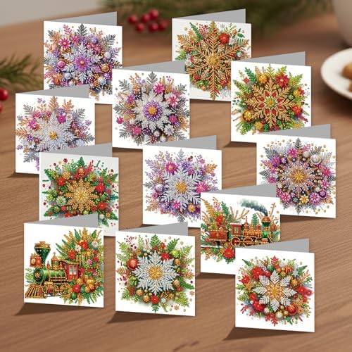 jinglinhh 12pcs Diamond Art Painting Winter Snowflake Christmas Train Greeting Cards with Envelopes, DIY Card Making Kits for Adults, Diamond Art Christmas Cards for Holiday Gifts - Image 6