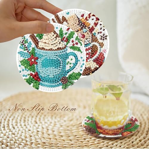 8 Pcs Christmas Coffee Diamond Painting Coasters Kits with Holder, DIY Christmas Diamond Art Coaster Kits for Adults, Paint with Diamonds Coasters Craft Supplies for Holiday Home Decor - Image 3