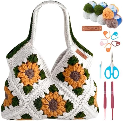 FREEBLOSS Crochet Sunflower Tote Bag Kit Beginners Crochet Kit for Adults with Step-by-Step Video Tutorials Knitting Handbag Set by FreeandCreativeCraftsArt
