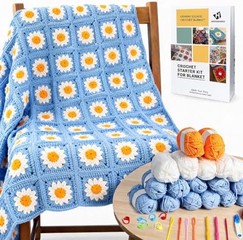 HHSarioneiro Crochet Blanket Kit for Beginners, Easy Granny Square Crochet Kit for Adults,with Step-by-Step Instructions and Clear Videos, Includes Multiple Accessories, Gift for Craft Lovers (Blue) by Unknown
