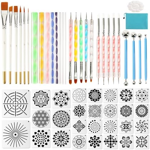 Augshy Mandala Dotting Tools Painting Kit, 58Pcs Dotting Tools for Painting DIY Rock Template Stencils Kit Brush Tray Pen Zipper Bag for Stone Canvas Mandala Arts by Augshy