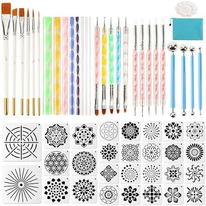 Augshy Mandala Dotting Tools Painting Kit, 58Pcs Dotting Tools for Painting DIY Rock Template Stencils Kit Brush Tray Pen Zipper Bag for Stone Canvas Mandala Arts by Augshy