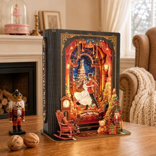 Book Nook Kit Waltz on a Snowy Night, 3D Wooden Puzzle with LED Lights, DIY Miniature Model Kit Room Home Decor, Holiday Birthday Christmas Day Gifts for Men Women Teens - Image 5