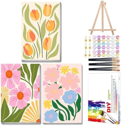 Mandun 3 Pack Paint by Numbers Kit for Adults with Frame, Easy Flower Paint by Numbers, Adult Gift Craft Kits 7.8x11.8 Inch with Frame and Easel by MANDUN