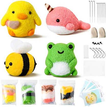 WATINC Set of 4 Cute Animal Needle Felting Starter Kit Frog Chick Bee Narwhal Animal Doll Wool Felting Tools Felt Needles Foam Mat DIY Needlework Craft Party Supplies for Beginners Adults by WATINC