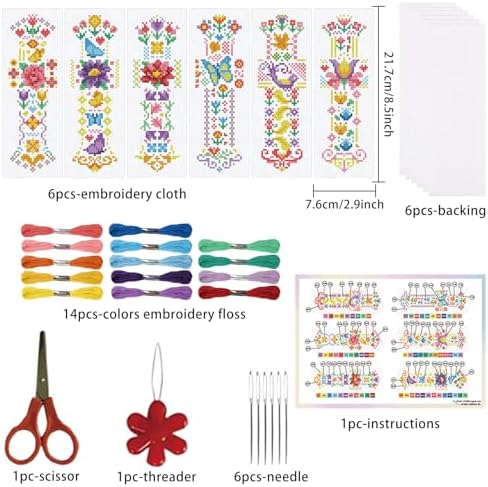 ORIGACH 6 Set Vintage Folk Floral Cross Stitch Bookmark Kit for Beginner - Image 2