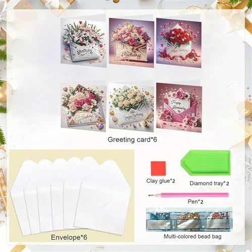 LAKEQUILL 6Pcs DIY Birthday Flower Diamond Art Greeting Card Kit - for Adults & Beginners, Perfect for Birthday Wishes & Gifting - Image 4