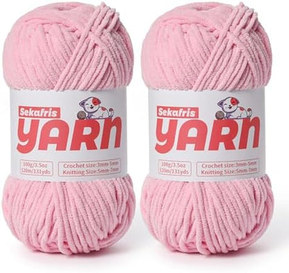 2 Pack Plush Chunky Chenille Yarn for Crocheting, Soft Fluffy Velvet Yarn for Crocheting Amigurumi, Fuzzy Baby Blanket Knitting 200g/262yds Bulky (2 Pink) by Sekafris