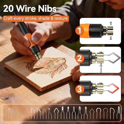 Preciva 935D Wood Burning Kit, Adjustable Temperature Wood Burner Tool with Dual Pens, Dual-Barrel Holder,Digital Display, 20 Interchangeable Wood Burner Tips & 20 Wooden Blocks for Pyrography Art - Image 4