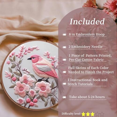 FONNUY Embroidery Kit for Beginners, Hummingbird Flowers Pre-Stamped Pattern Kits for Adults with Hoop, Easy to Follow Color Thread Needlework, 8''Hoop (Lightpink) - Image 2