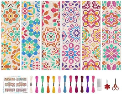 BEUNITONE 6 Pcs Mandala Cross Stitch Bookmark Kits for Beginners DIY Stamped Embroidery Bookmark Kit Colorful Floral Punch Needle Set with Instructions Craft Kit for Book Lover Gifts 8''x2.4'' by BEUNITONE