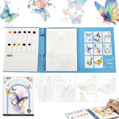elves Travel Watercolor Kit for Adults & Beginners, Pocket 3-Fold Watercolor Coloring Book, All-in-One Creative Stress Relief Art Kit, Portable Watercolor Painting Books, Butterfly Theme by ElvesBeauty