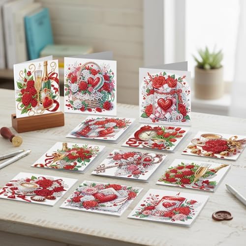 jinglinhh 12pcs Valentine's Day Diamond Art Painting Rose Flower Candle Tulip Coffee Greeting Cards with Envelopes, DIY Card Making Kits for Adults, Diamond Art Birthday Holiday Cards Gifts - Image 6