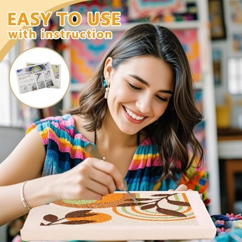 DOODLREAM Boho Rainbow Leaf Needle Kit for Beginner, 9.4"x 9.4" Geometric Plant Punch Stitching Craft Set, Color DIY Embroidery Starter with Printed Frame, Instruction, Threader, Yarn, Pinch Needle - Image 3