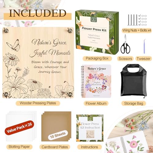 Joy&Grace Large Flower Press Kit for Adults with Designed Cover and DIY Album,10 Layers Plant Press and Plant Drying Toolkit, Flower Preservation Kit, 10.9" x 10.9" (Color Box, Natural Wood) - Image 3