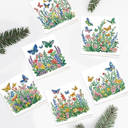 Tontut 6pcs Diamond Art Painting Kit Greeting Card, Green Flower Butterfly 5D DIY Diamond Handmade Holiday Greeting Card with Envelope, Holiday Gift Congratulations - Image 5