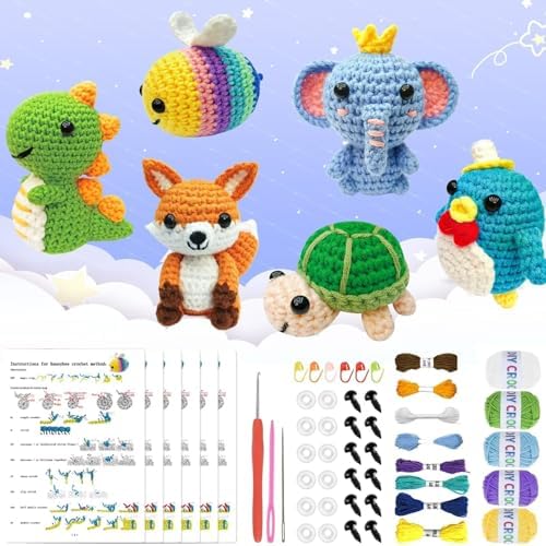 OLHKYN 6Pcs Crochet Kit for Beginners, 2026 DIY Craft for Adults, Great Gift for Crochet Lovers, Crocheting Animal Kits with Step by Step Videos,Yarn,Crochet Hook,Birthday Holiday Gift by Unknown