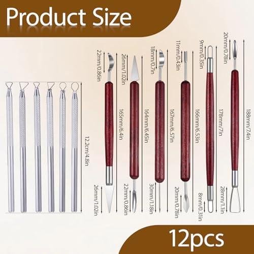 12 PCS Clay Carving Tools, Double-Sided Clay Sculpting Tools Wooden Handle Clays Wire Loop Sculpture Set Clays Pottery Sculpting Tool Set for Ceramic, Carving Modeling - Image 2