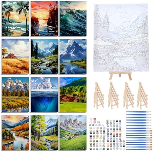 RoundFunny 12 Set Paint by Numbers Kit for Adults Landscape Painting 8x10 by RoundFunny
