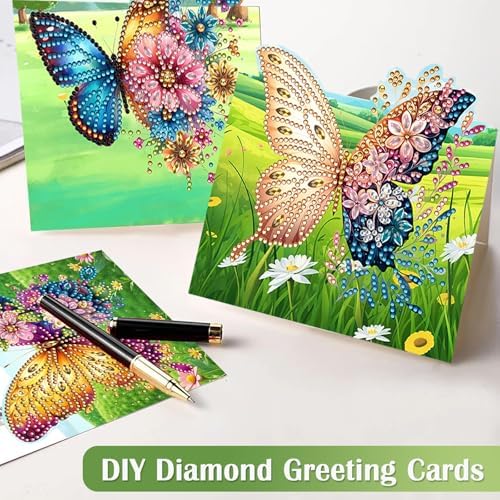 6 Pack DIY Diamond Painting Greeting Card Kit Butterfly Lawn, 5D Diamond Art Christmas Birthday Holiday Foldable Thank You Cards Blessing Greeting Card, Art Crafts Kit Creative Envelope - Image 4