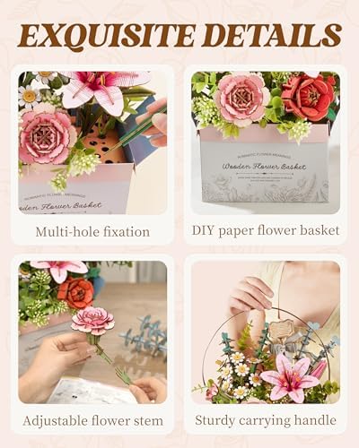 ROBOTIME 3D Wooden Puzzles for Adults, TW03H Wooden Flower Basket Craft Kit, Artificial Flowers Handheld Gift Box, Unique Gift for Birthday/Holidays/Homewarming - Image 5
